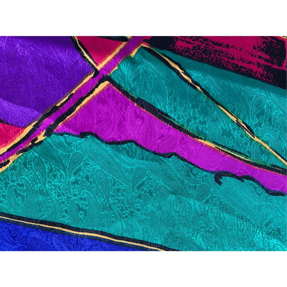 Vintage 90s Abstract Printed Silk Scarf Bold Colorful Artsy Square Wrap Purple - Picture 8 of 8